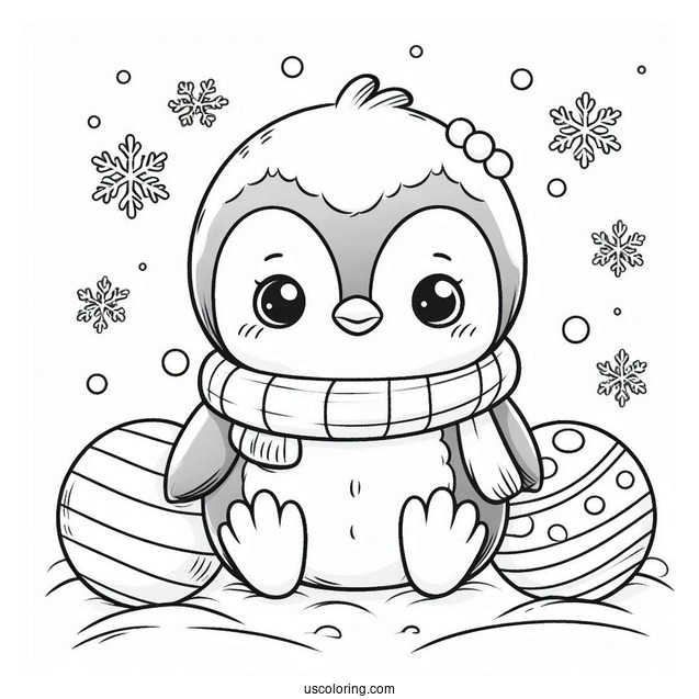 Cute Baby Penguin With Snow Balls Coloring In