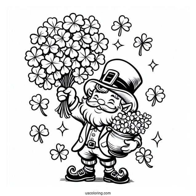 St. Patrick's Day Coloring Page Of Leprechaun Holding Up A Bunch Of Clovers