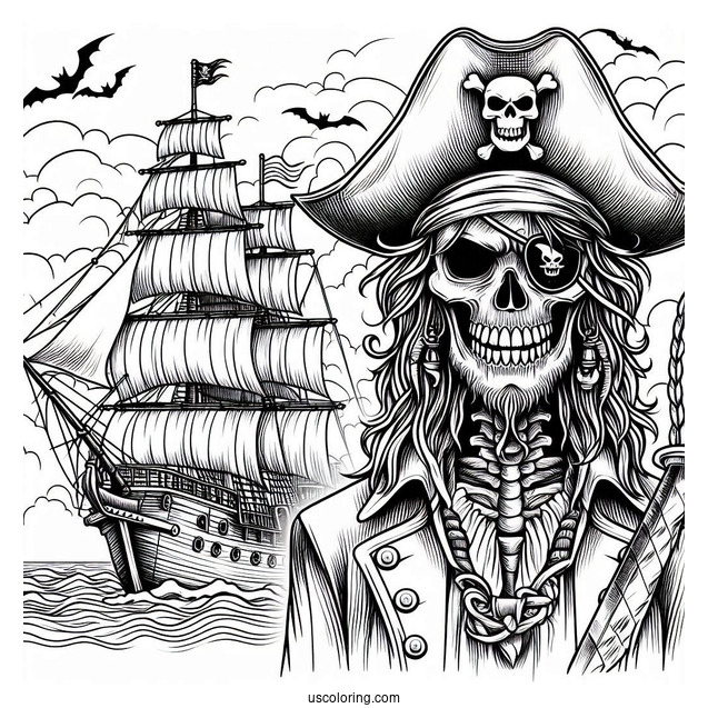 Scary Pirate In Front Of A Sailing Pirate Ship Coloring Page