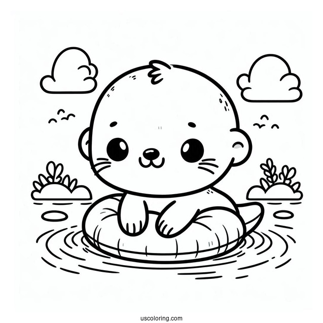 Kawaii Otter Coloring Page Holding Hands While Floating On River