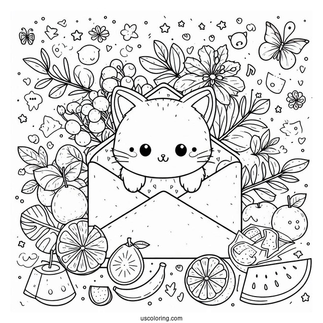 Cute Coloring Page Cat Inside An Envelope Surrounded By Fruits And Letters