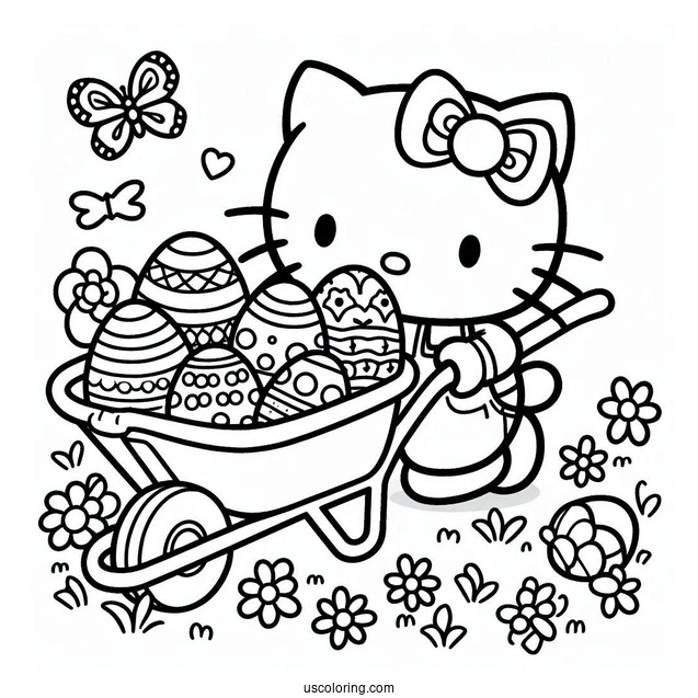 Easter Coloring Page Of Hello Kitty Pulling Wheelbarrow Filled With Easter Eggs For Kids