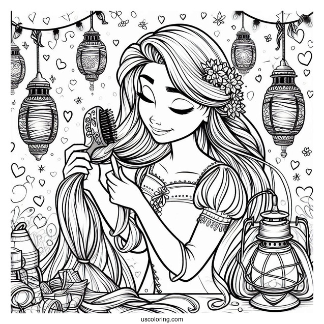 Rapunzel Brushing Hair With Lanterns In The Background