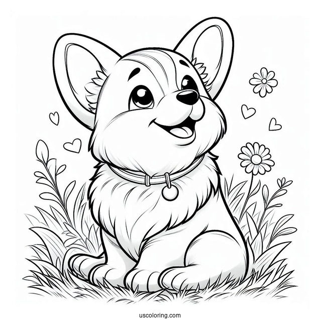 Happy Corgi Coloring Page Sitting On Grass