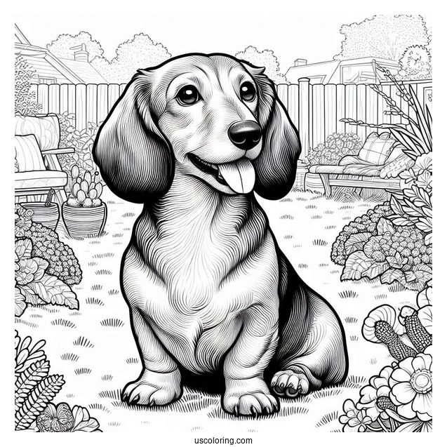Realistic Dachshund Coloring Page In The Backyard