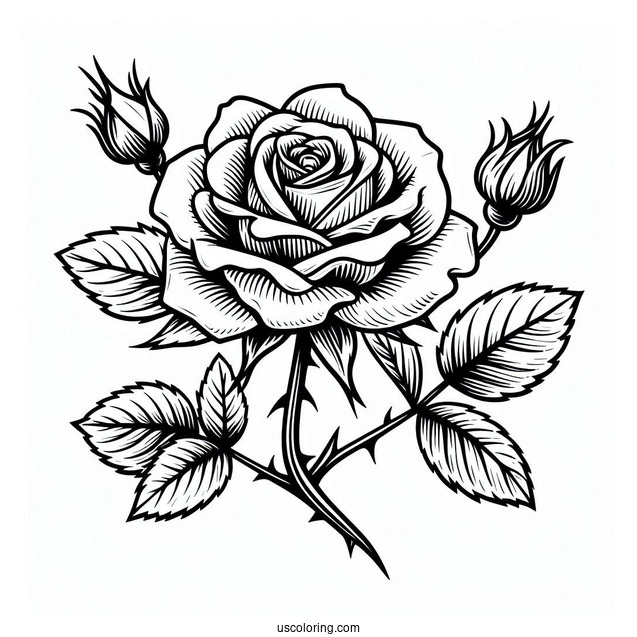 Flower Coloring Pages Of Blooming Rose With Thorns