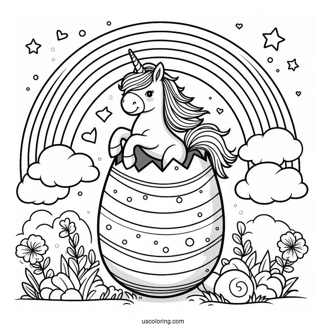 Unicorn Popping Out Of Easter Egg On Rainbow Coloring Sheet