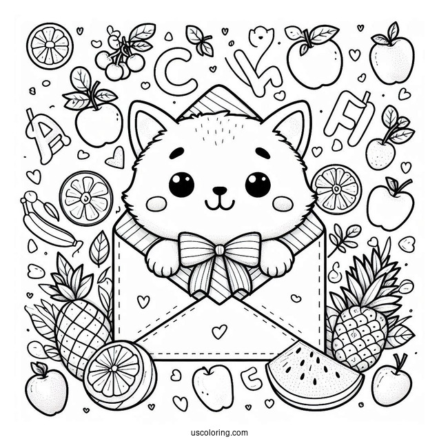 Cute Coloring Page Cat Inside An Envelope Surrounded By Fruits And Letters