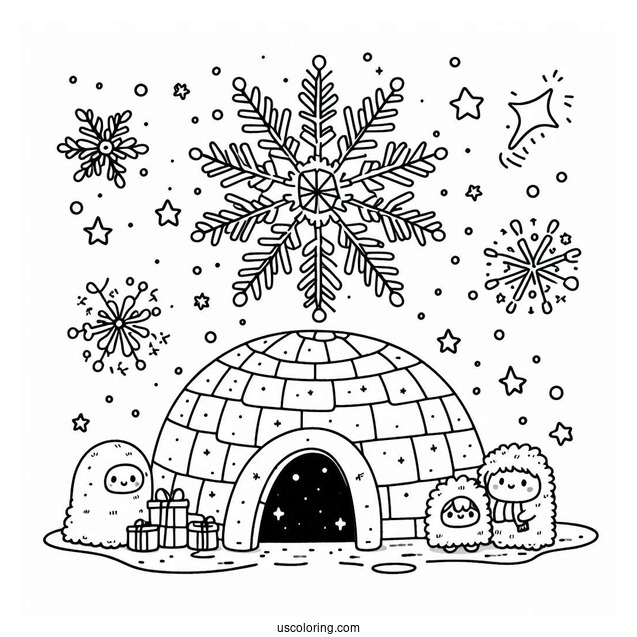 Snowflake Coloring Page Falling On Cartoon Eskimo Family And Igloo