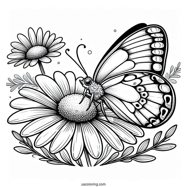 Side Profile Of Butterfly On A Daisy Coloring Sheet