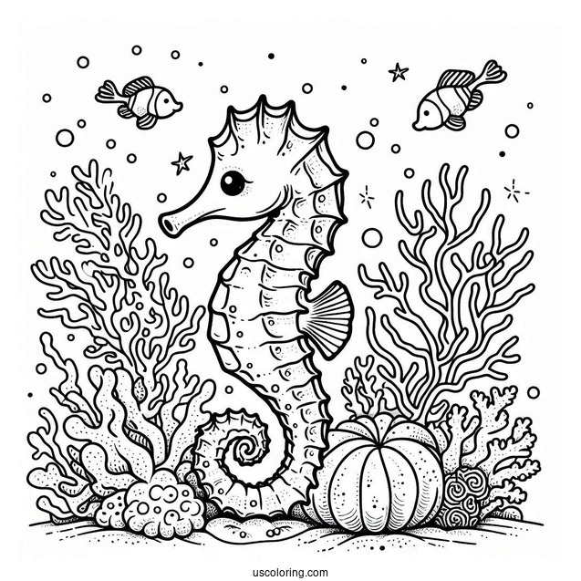 Cartoon Seahorse Surrounded By Coral