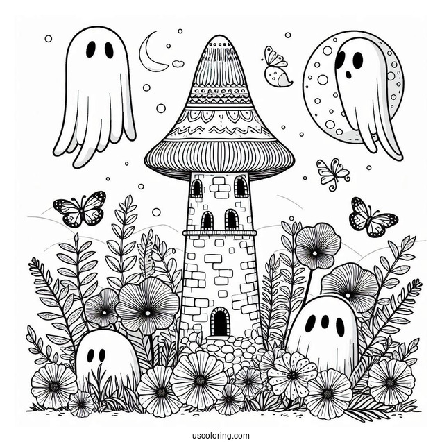 Mushroom Coloring Page Tower With Ghost And Floral Backgrounds