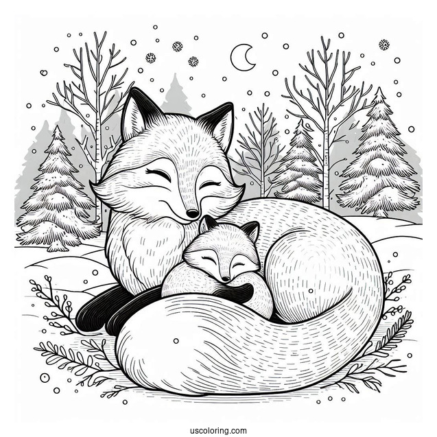 Mama Fox Coloring Page Cuddling With Baby Fox In Snowy Forest