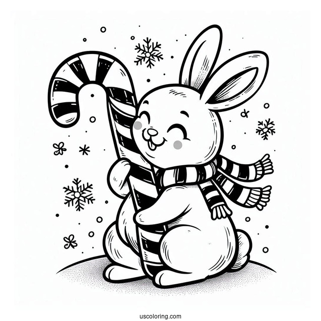 Excited Rabbit Hugging A Candy Cane Coloring Page In Winter For Kids