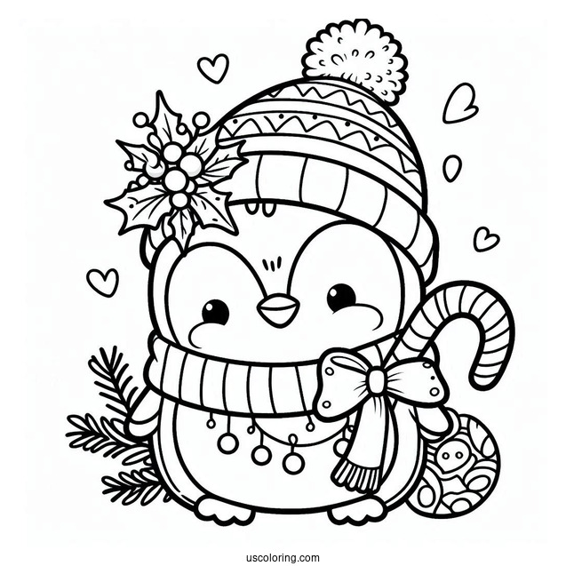 Cute Christmas Penguin With Decorations Coloring