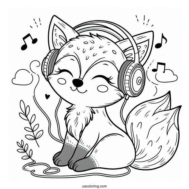 Fox Listening To Music With His Headphones Coloring Sheet