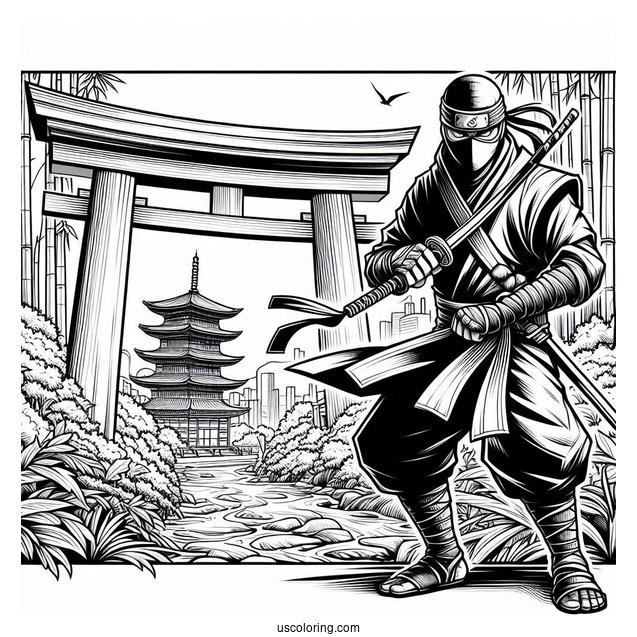Realistic Ninja In Front Of A Torii Coloring Page