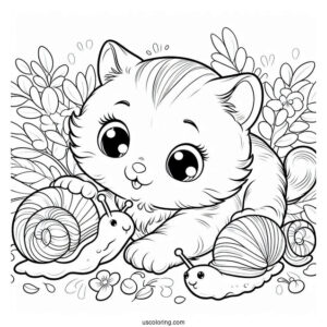 Coloring Sheet Of Kitten Playing With Snails
