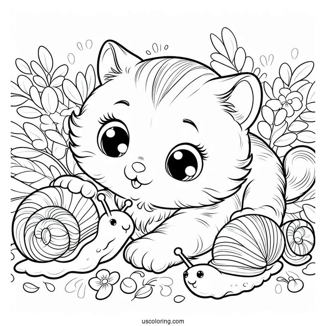 Coloring Sheet Of Kitten Playing With Snails