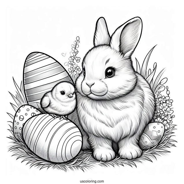 Easter Coloring Page Of Realistic Bunny And Chick On The Grass With Easter Eggs