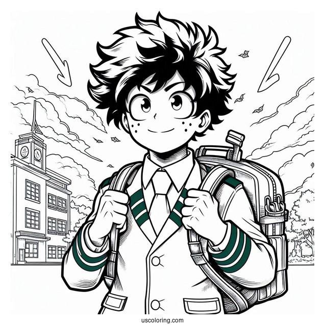 Deku Coloring Page In Front Of UA High School