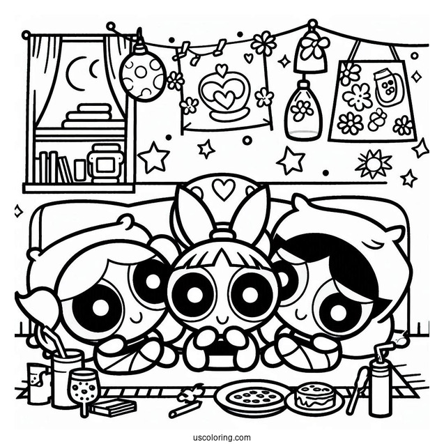Coloring Page Of Powerpuff Girls Sleepover With Mojo