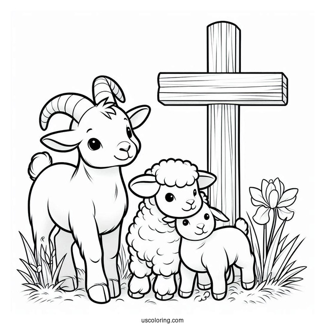 Goat, Lamb, And Donkey Under A Wooden Cross Coloring Page For Kids