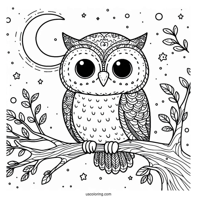 Cute Owl Sitting In Tree During Night