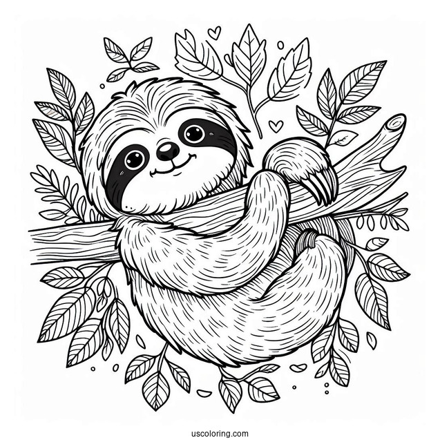 Adorable Sloth With Leaves Coloring