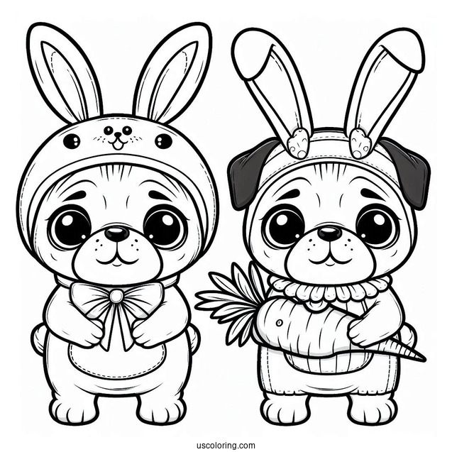 Pug Coloring Page in Bunny Costume Holding Carrot For Kids