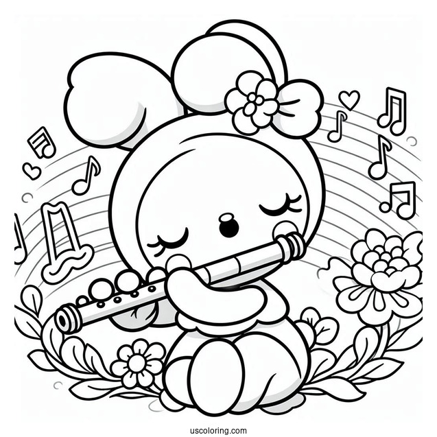 My Melody Coloring Page Playing Flower Flute While Rhythm Sings