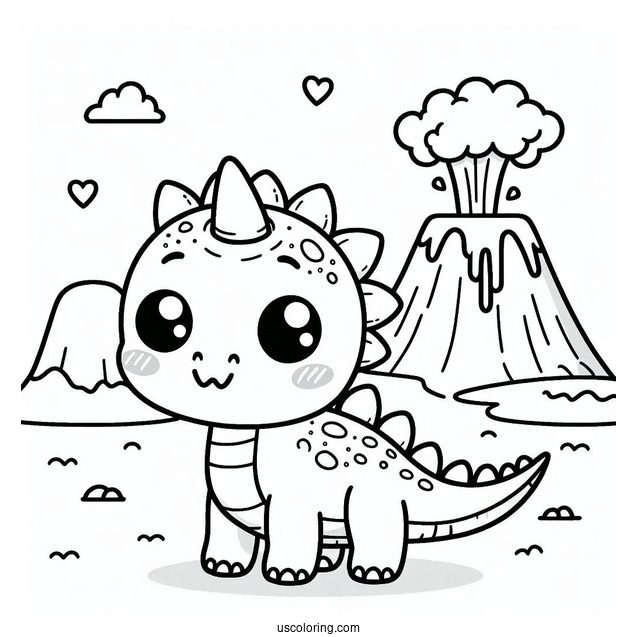 Kawaii Parasaurolophus Coloring Page With Volcano For Preschoolers