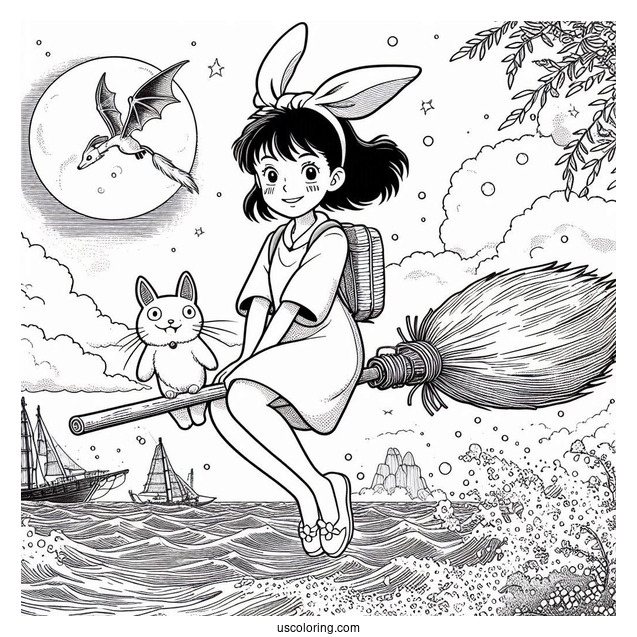 Studio Ghibli Coloring Page of Kiki s Delivery Service Riding Broom With Jiji Over Ocean
