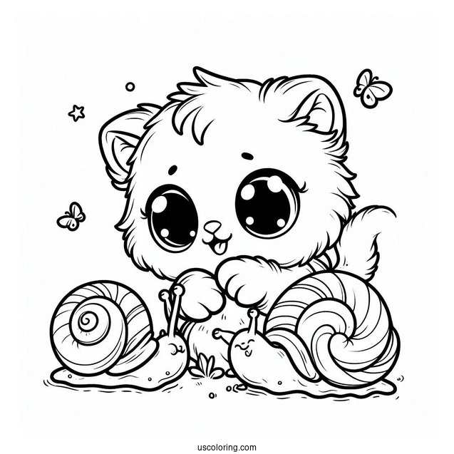 Coloring Sheet Of Kitten Playing With Snails