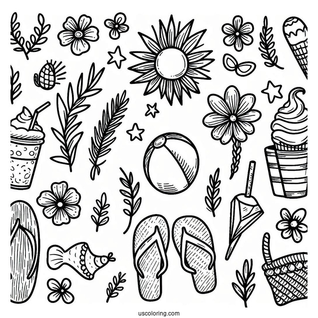 Full Page Summer Coloring Page Of Elements