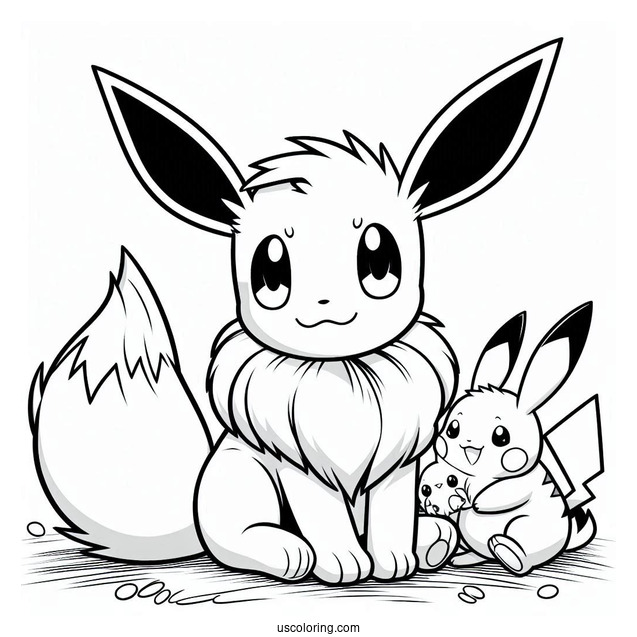 Coloring Sheet Of Eevee Playing With Pikachu