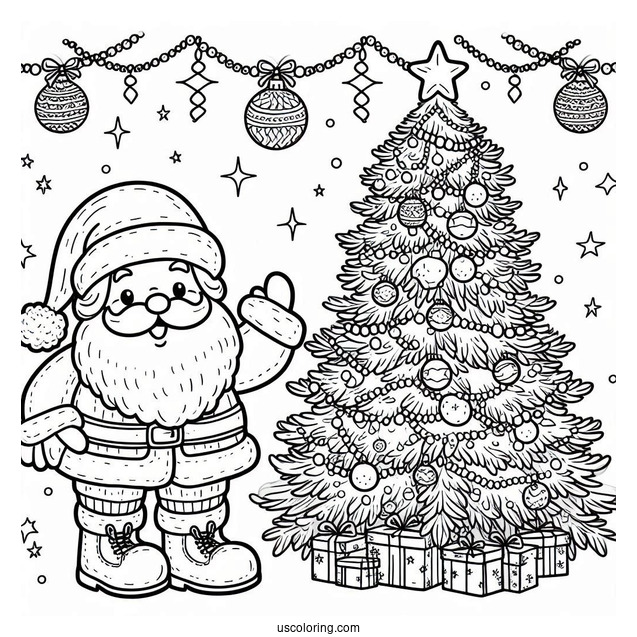 Jolly Santa Next To Christmas Tree