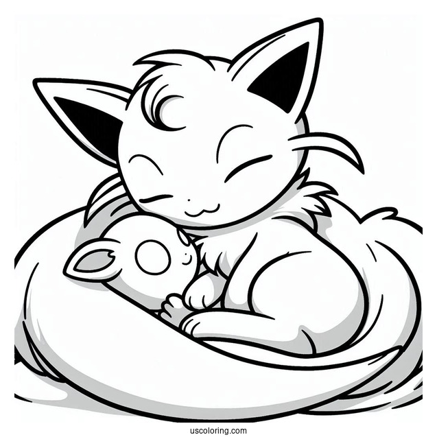 Mew Coloring Page Cuddling With Eevee