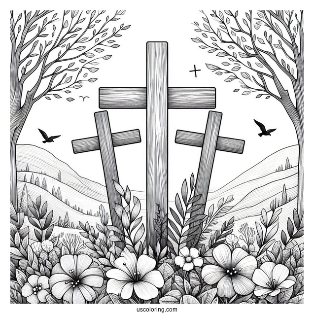 Three Wooden Crosses Coloring In