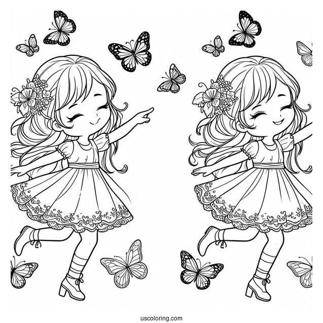 Little Girl Dancing With Butterflies To Color