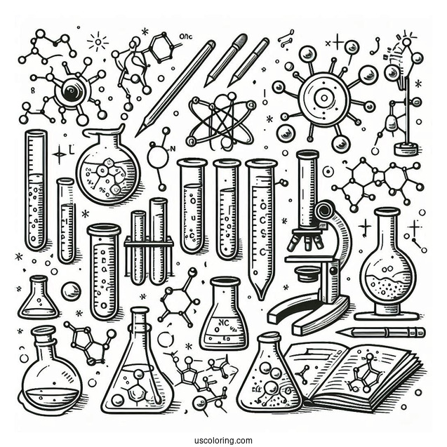 Science Coloring Page Of Laboratory Tools And Molecules For Kids