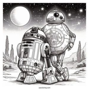 BB8 Standing On Top Of R2-D2 Coloring Page