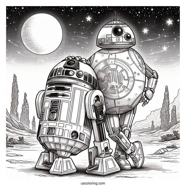 BB8 Standing On Top Of R2-D2 Coloring Page
