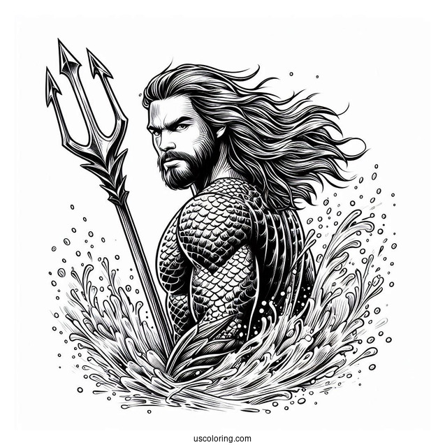 Realistic Aquaman Coloring Page With Trident And Water In The Back