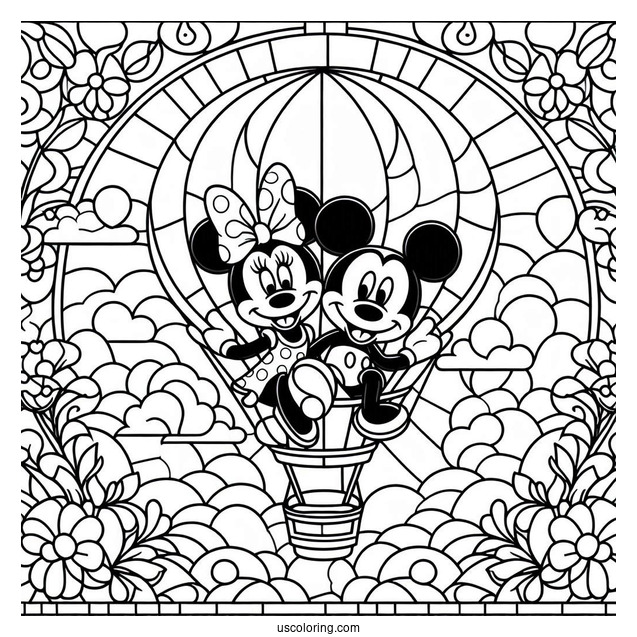 Mickey And Minnie Mouse On A Hot Air Balloon Stained Glass Coloring Page
