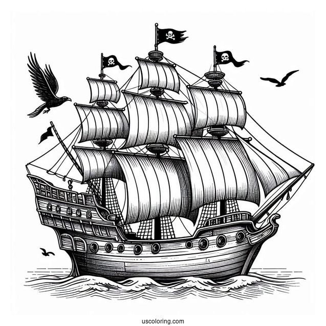 Simple Pirate Ship With Crows Nest To Color