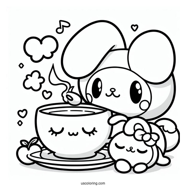 Kawaii My Melody Drinking Tea While Cinnamoroll Sleeps