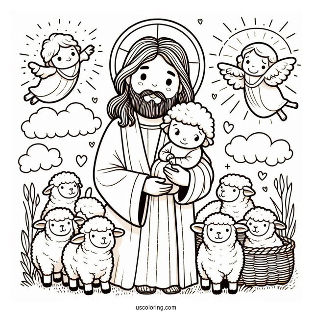 Easy Cute Cartoon Jesus With Lambs Coloring In