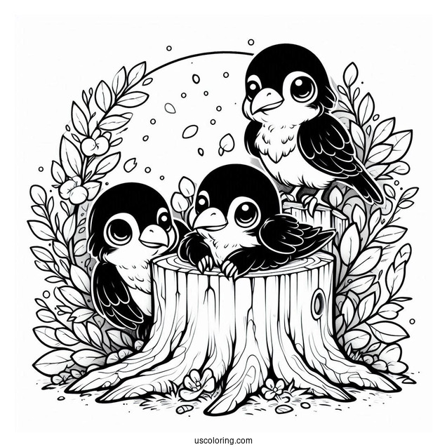 Three Chibi Raven Coloring Page Living Inside A Tree Stump For Kids