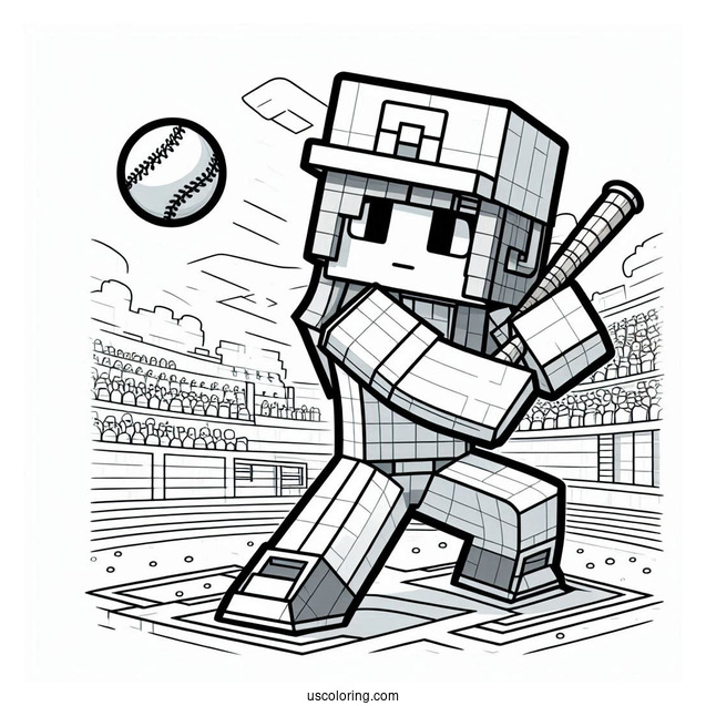 Minecraft Baseball Coloring Page Of Player Batting For Kids